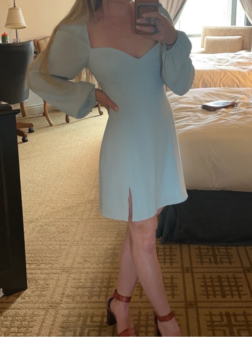 Wilfred Light Blue Sweetheart Neck Puff-Sleeve Mini Dress